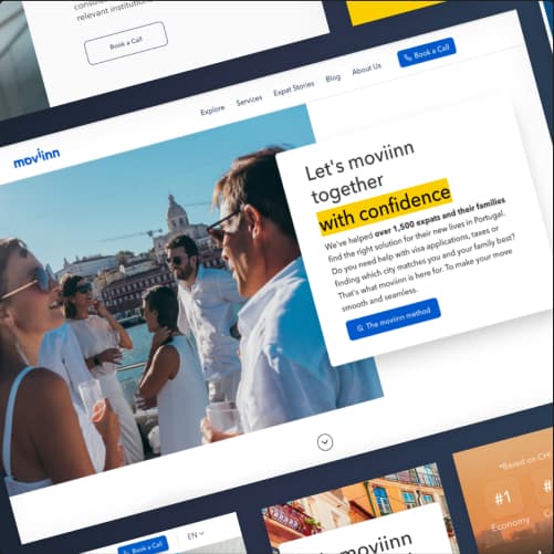 Screenshot of the Moviinn company website, showcasing a section highlighting confidence in the services provided. The image features people conversing outdoors in an urban setting.