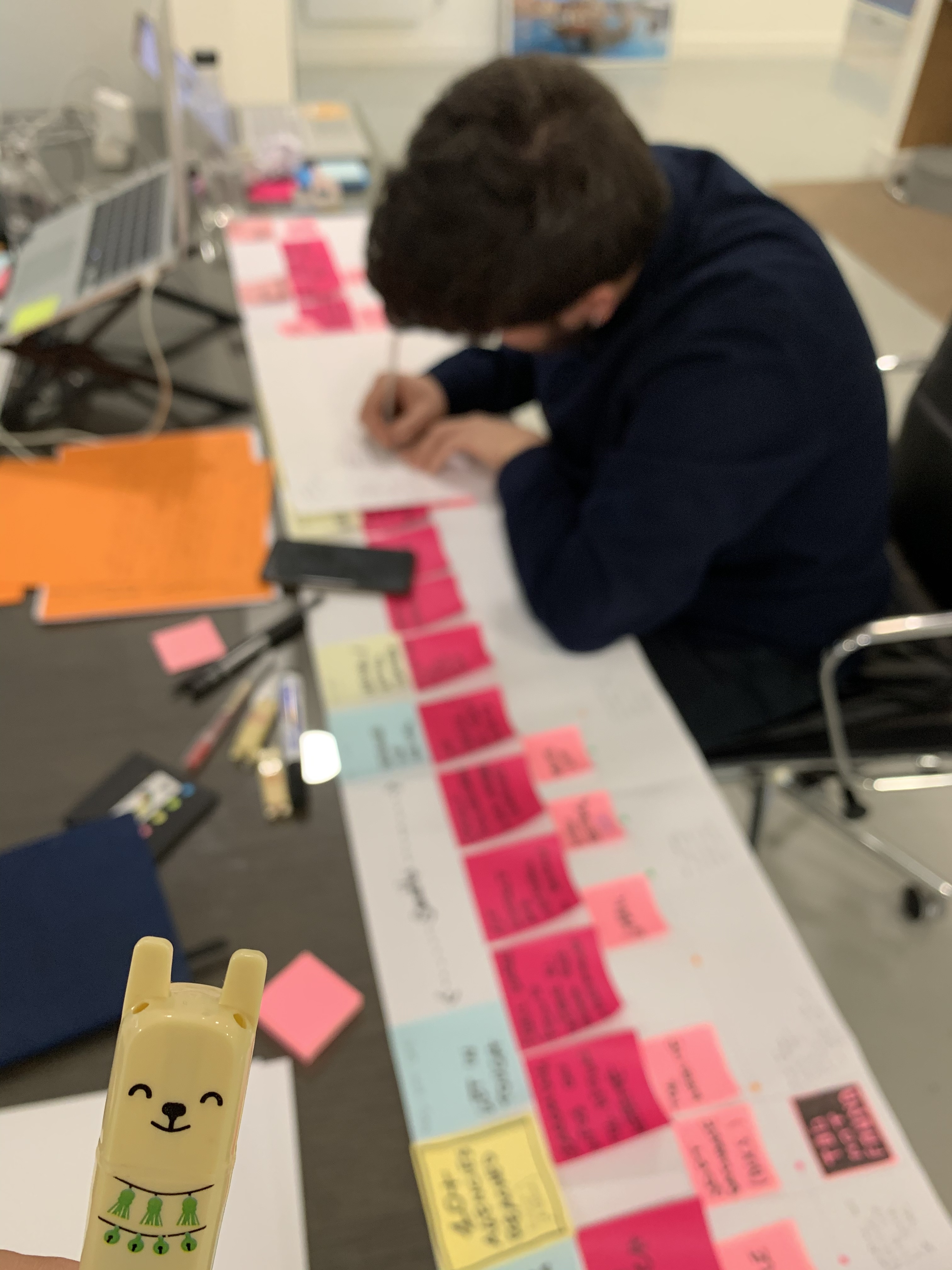 Planning session with colorful post-it notes and decorative paper clip. Person writing at a table filled with colorful post-it notes organized in a line. In the foreground, there is an animal-shaped paper clip.