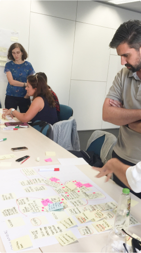 Design brainstorming session in a collaborative work environment. People participating in a brainstorming session at a conference table. The table is covered with colorful post-it notes and annotations. A man is standing, observing the notes, while others are sitting and writing.