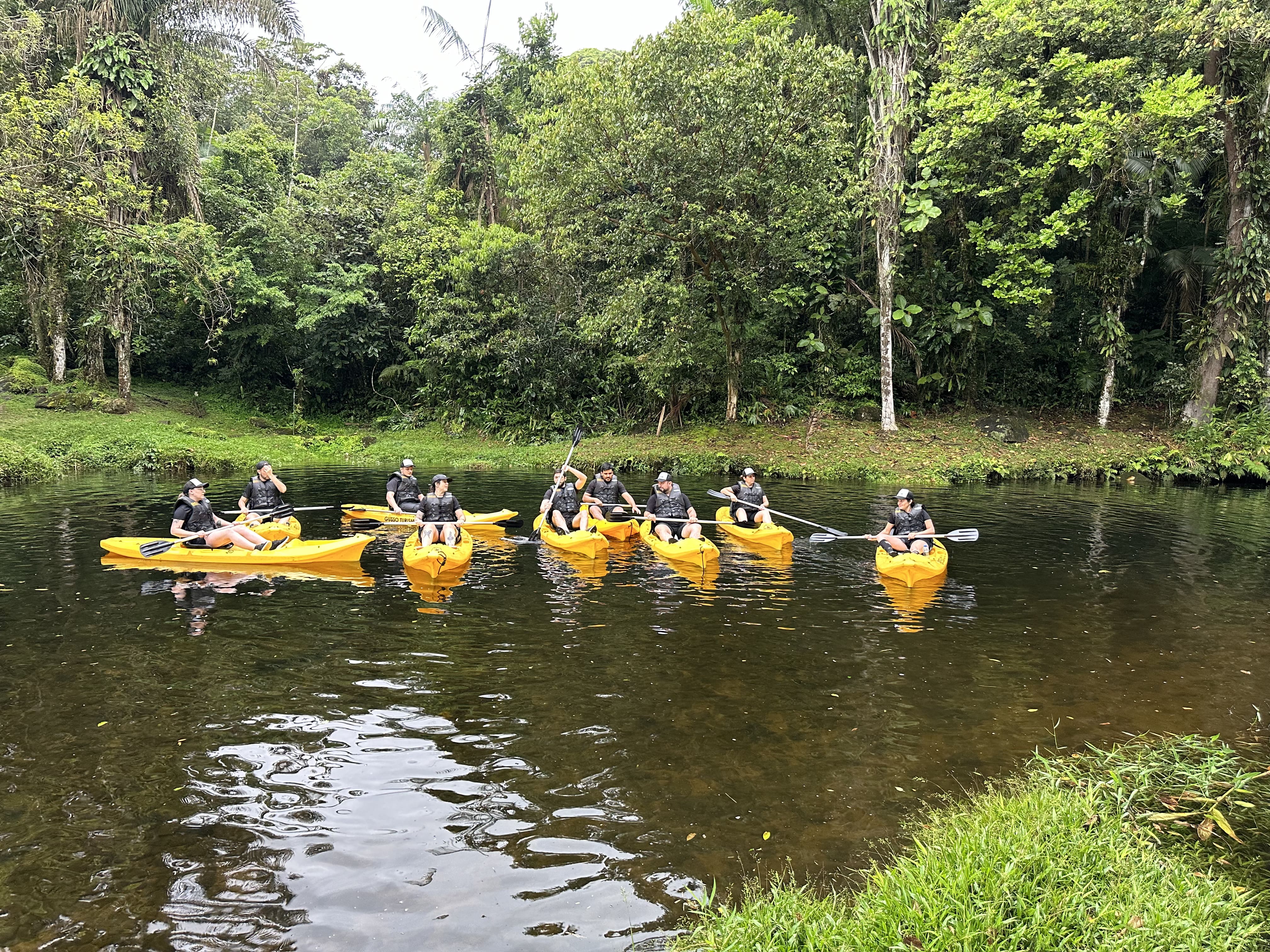 Grupo de membros da equipe praticando caiaque em caiaques amarelos em um rio calmo cercado por vegetação densa.