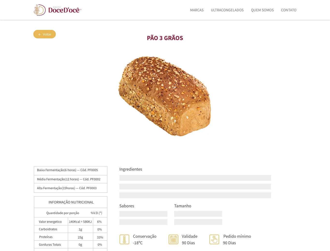 Pagina prodotto del pane ai 3 cereali con le informazioni nutrizionali