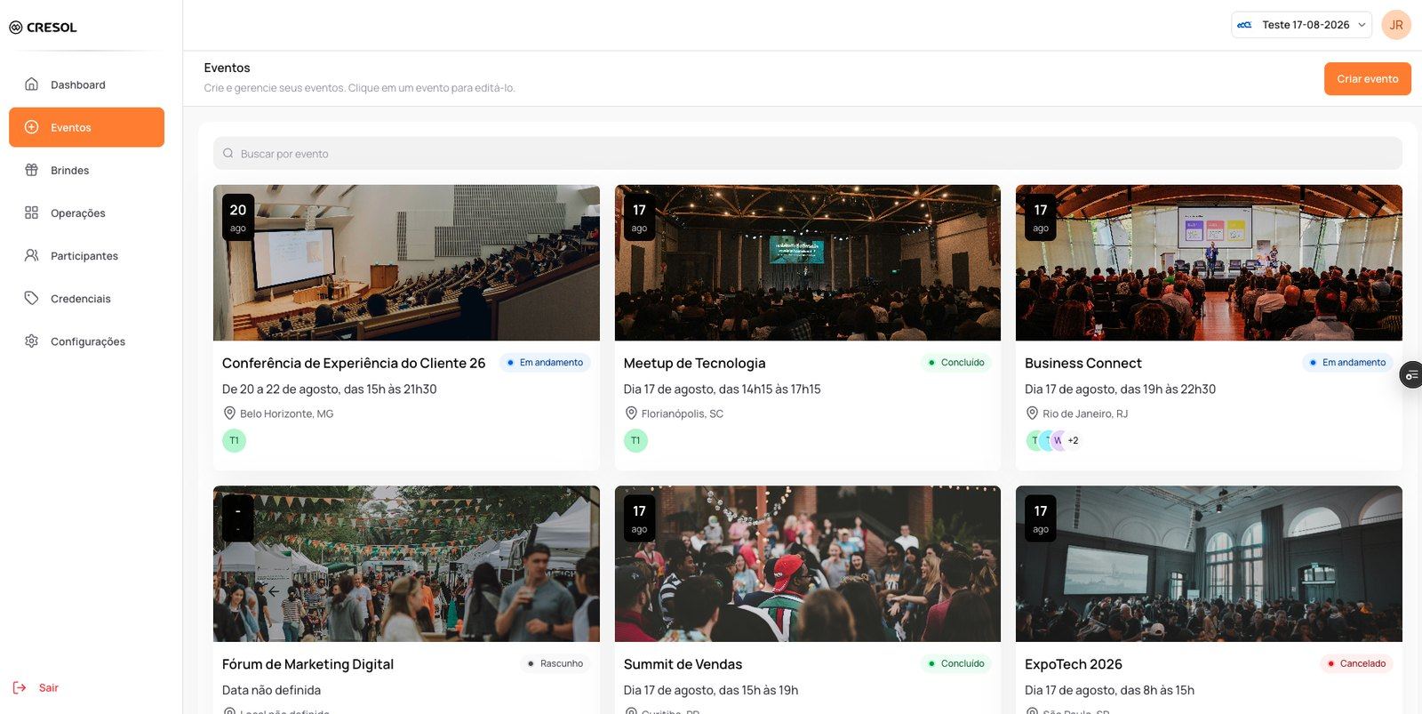 Schermata della piattaforma di gestione eventi con le schede degli eventi