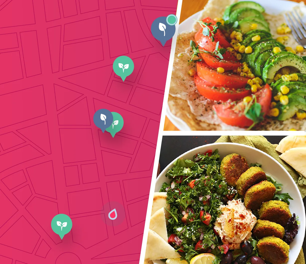 Mapa com marcadores do app Genki ao lado de pratos de comida saudável