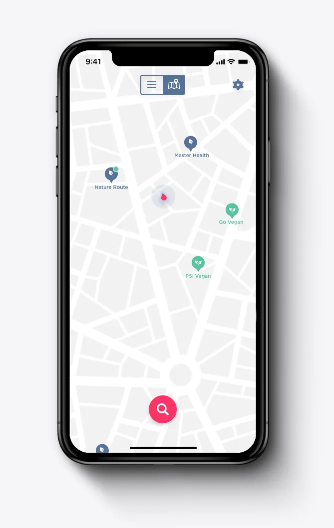 Celular com o mapa do app Genki e marcadores de lugares saudáveis