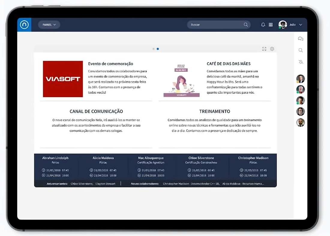 Tableta con Nela mostrando eventos, comunicación y capacitaciones
