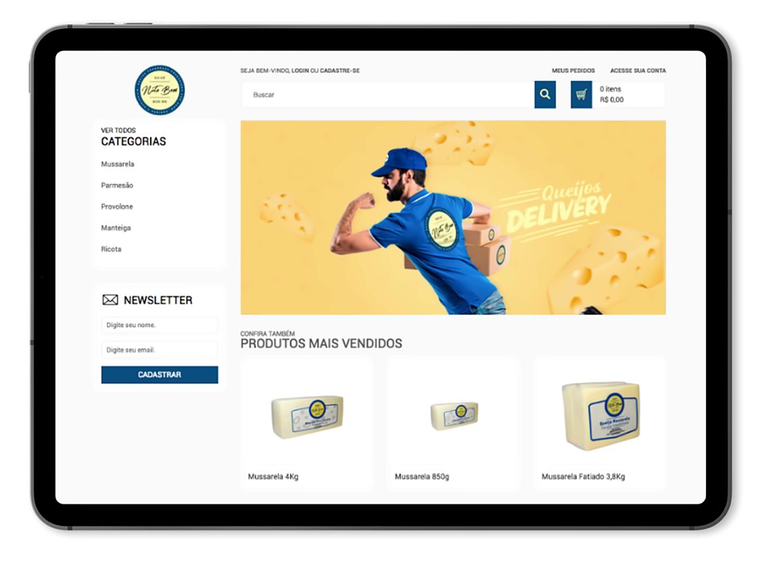 Tablet con il negozio online di Nato Bom aperto, con ricerca, carrello ed elenco dei prodotti