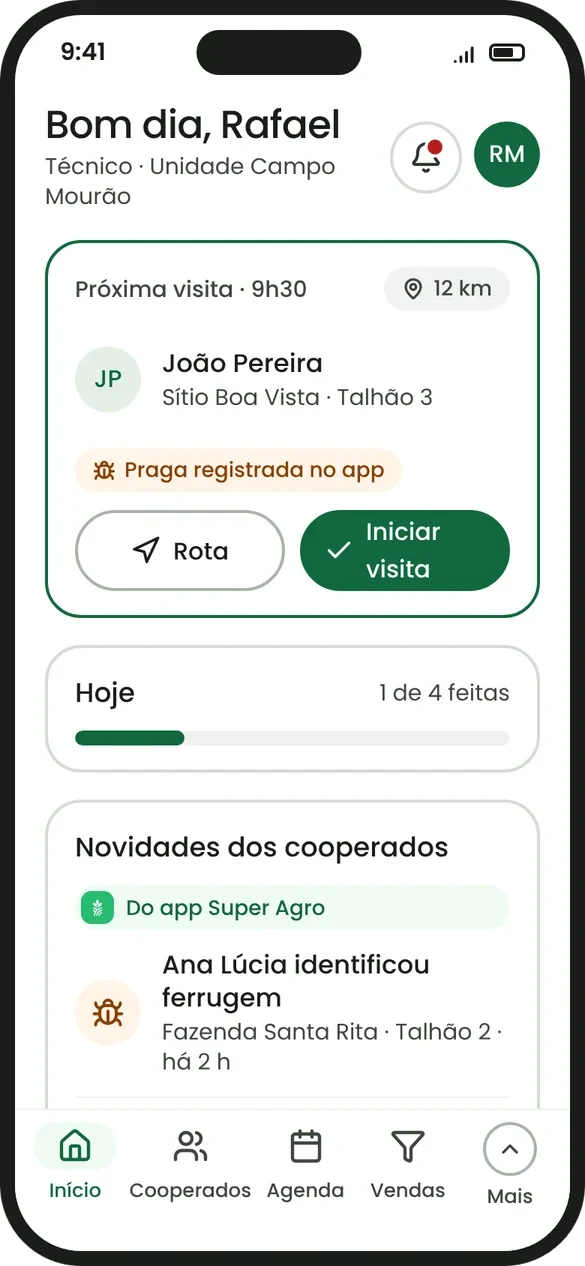 Agronomist app: the day starts with the next visit and updates from cooperative members
