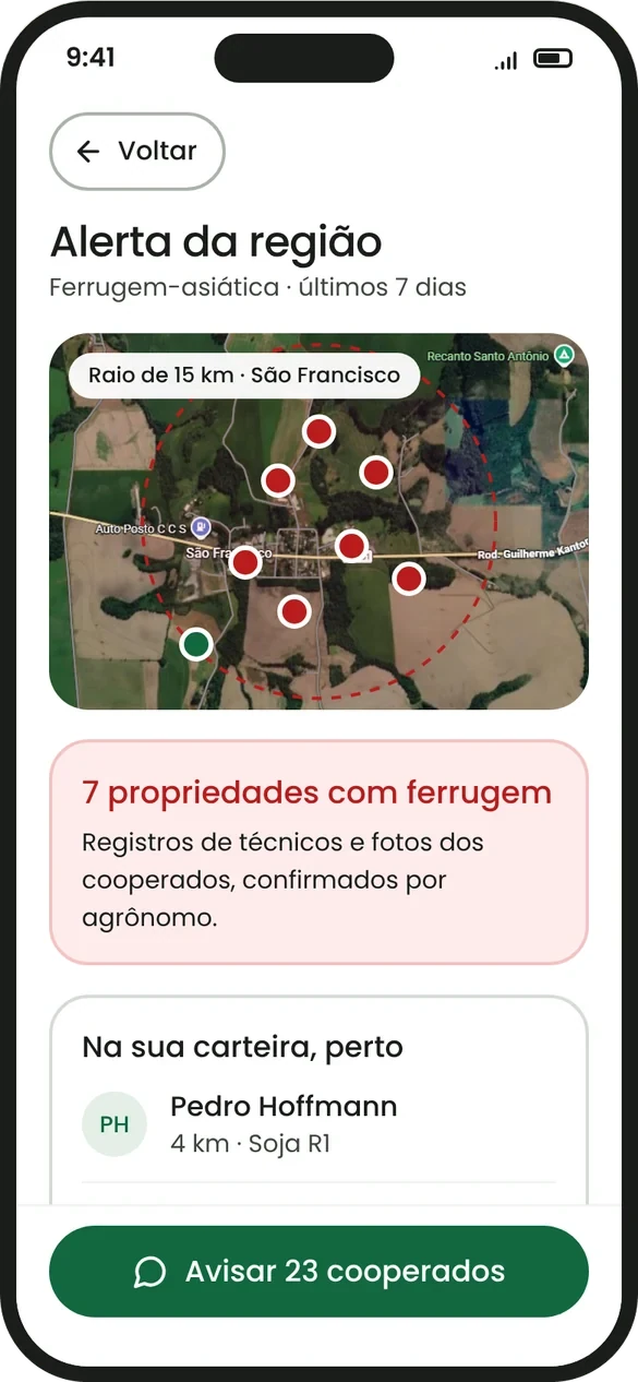Cooperative management: regional alert with seven farms showing rust on the satellite map