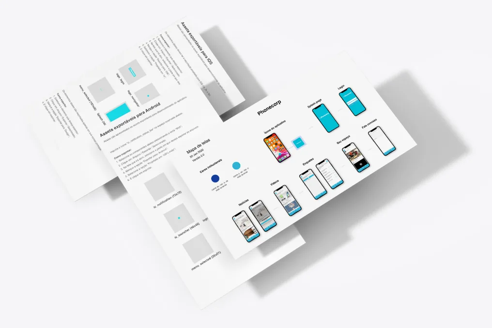 Fogli stampati con la mappa delle schermate e gli asset di Phonecorp per Android e iOS