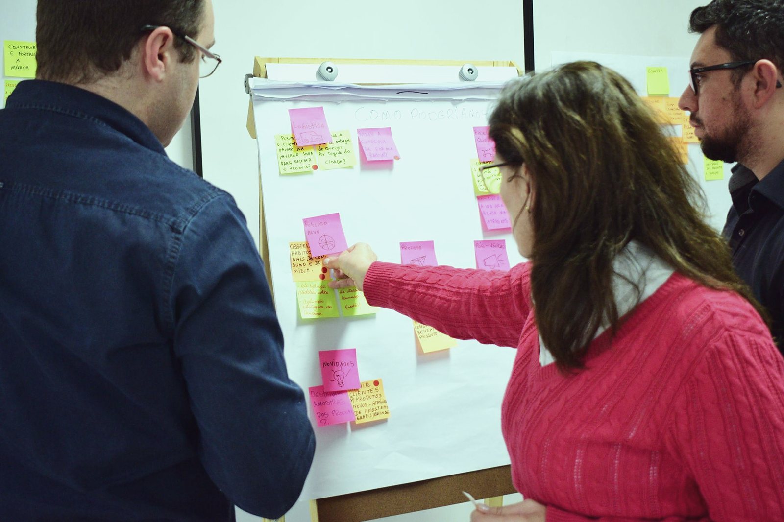 Tre persone davanti a una lavagna di post-it mentre scelgono un’idea