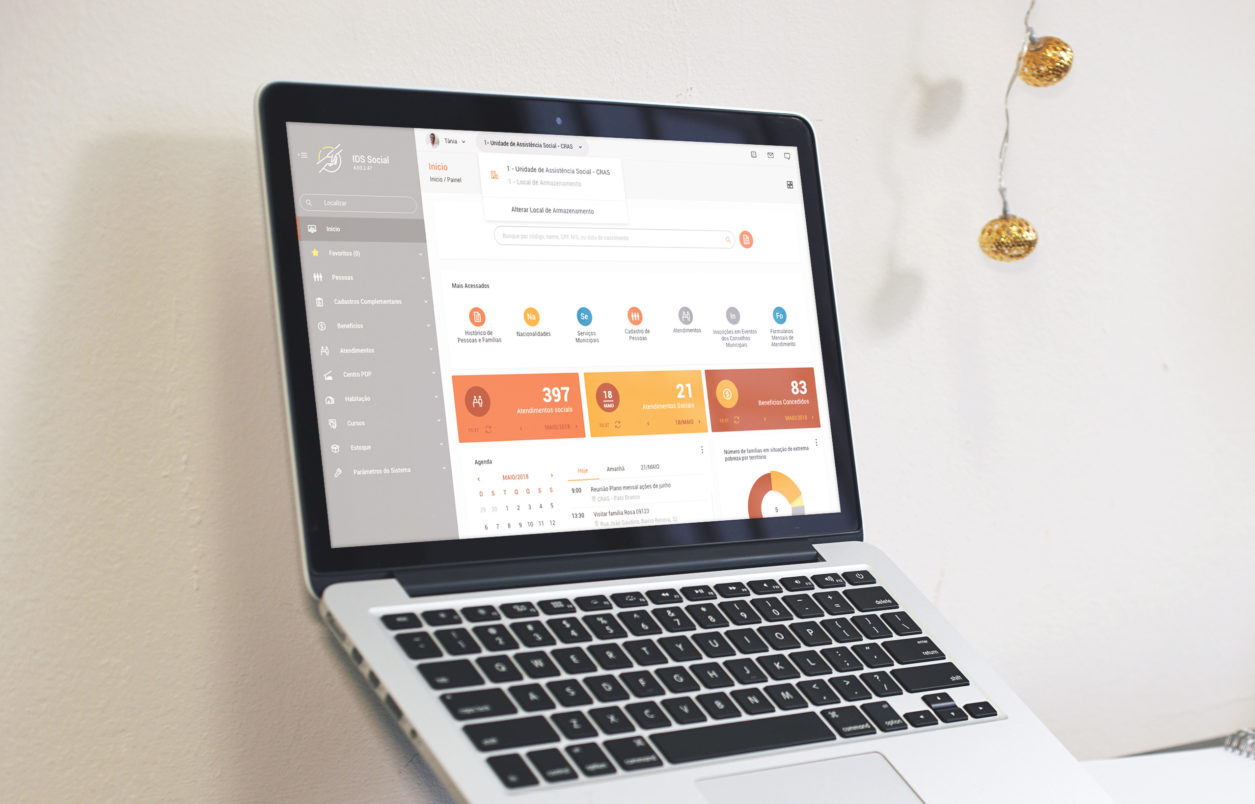 Person using a laptop with the IDS Social platform on the screen. The interface displays support tools for social assistance with various metrics and data.