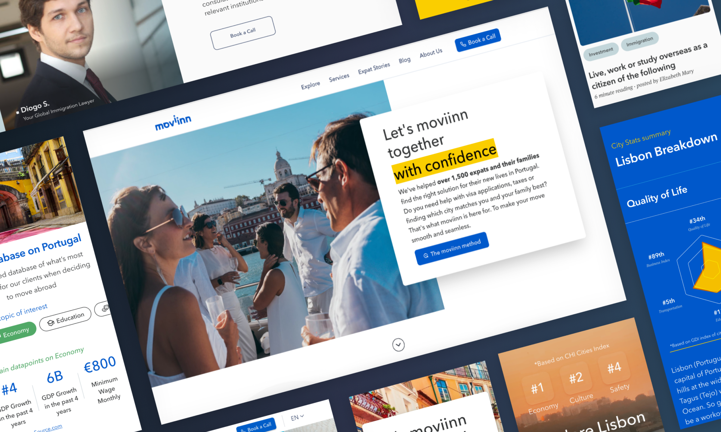 Screenshot of the moviinn company website showing a success story with an image of people conversing outdoors in an urban setting and text highlighting confidence in the services provided.