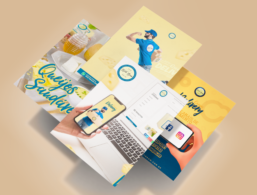 Promotional material from the company Nato Bom, highlighting the redesign of services and digital transformation. The images include healthy cheeses, delivery service, and social media presence.