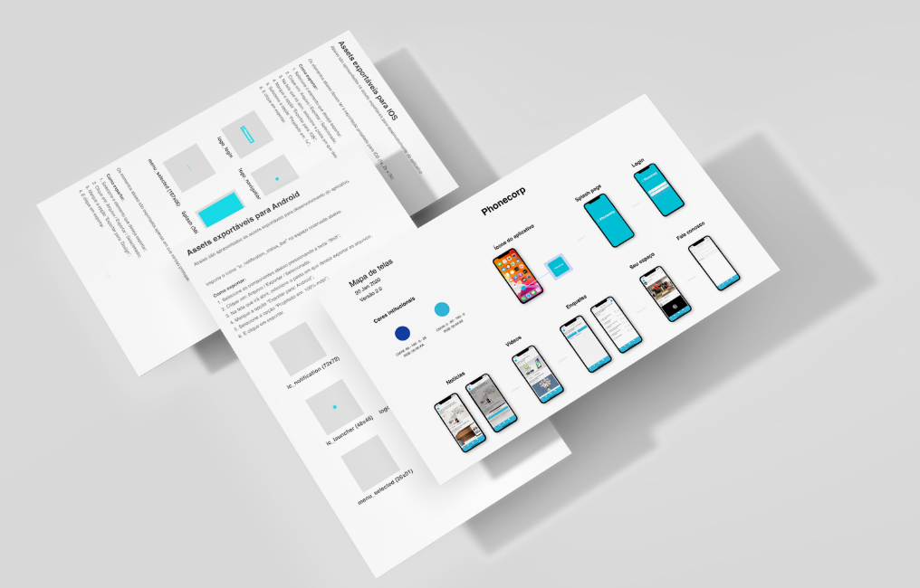 Design material showcasing the management of standards and assets for the Phonecorp white label solution, carried out by Screencorp. The image includes diagrams and app screen mockups.