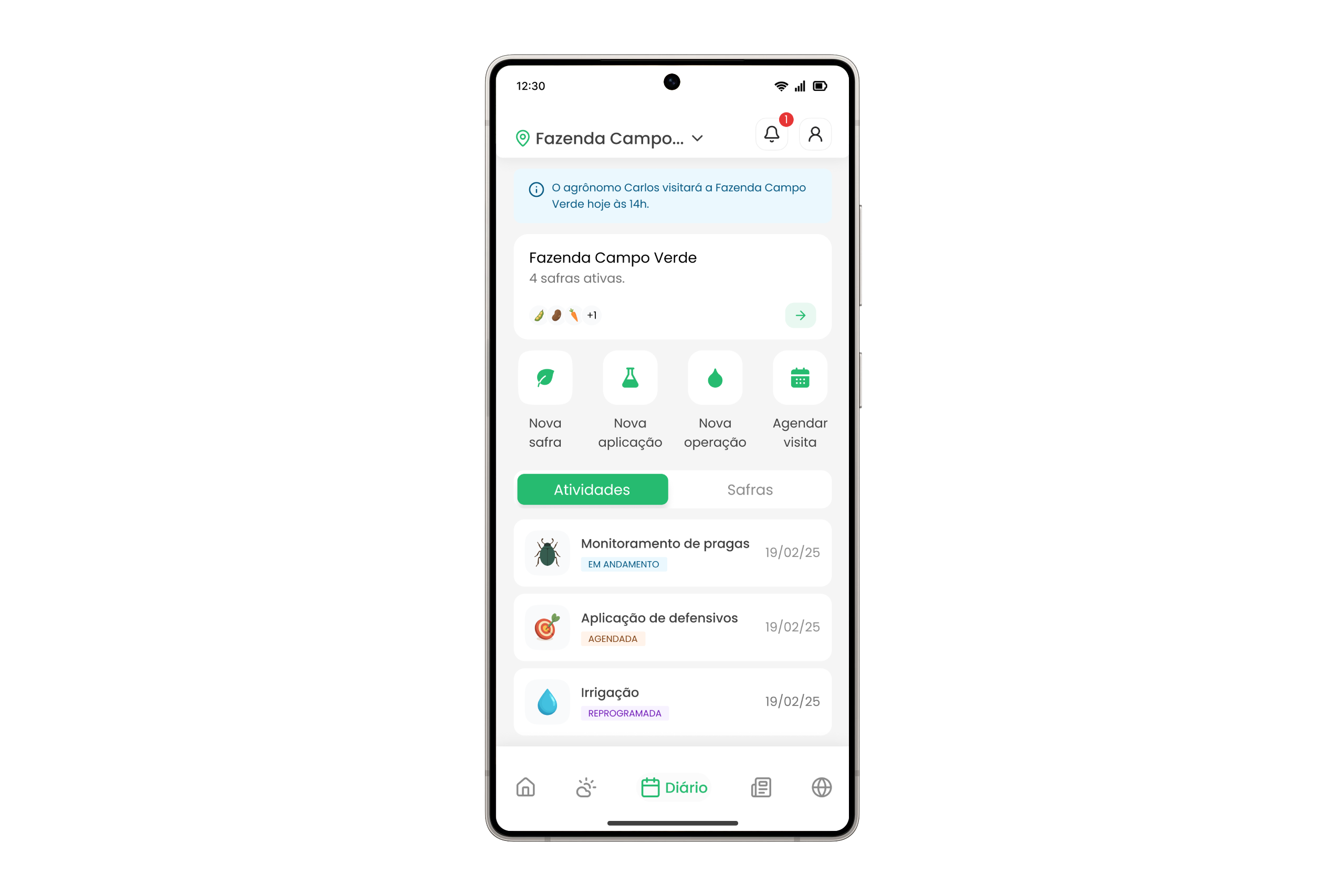 Main screen of the Super Agro app showing rural management features