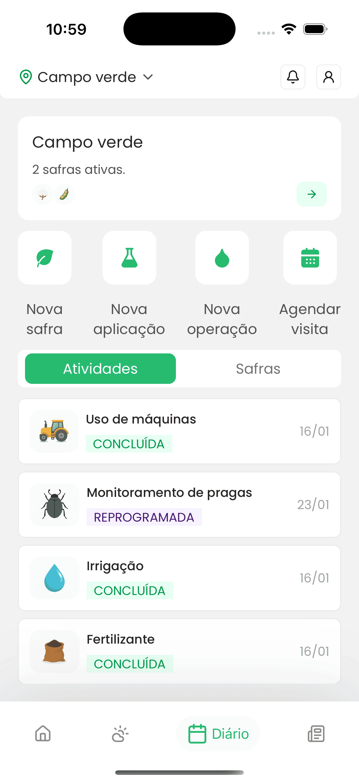Activity log Super Agro activity log showing agricultural tasks and history