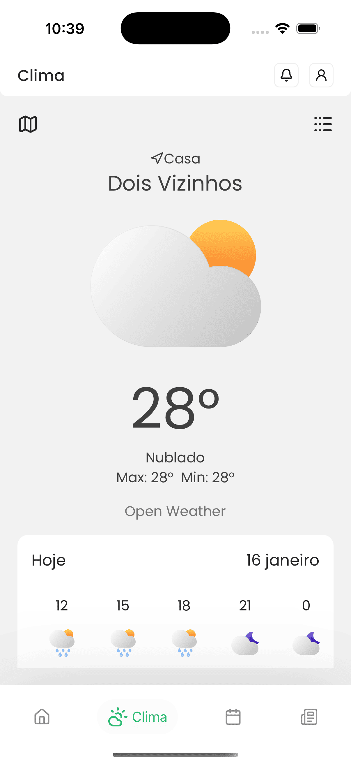 Weather Super Agro weather screen displaying weather forecasts